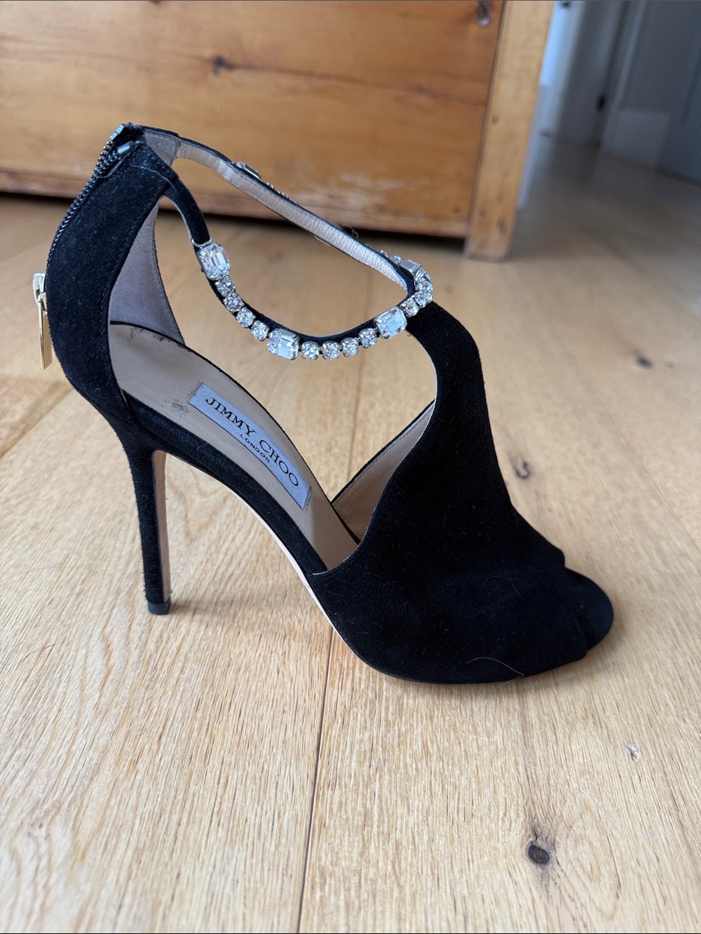 Jimmy Choo Black Suede Crystal-Strap Open-Toe Heels - Picture 3 of 6